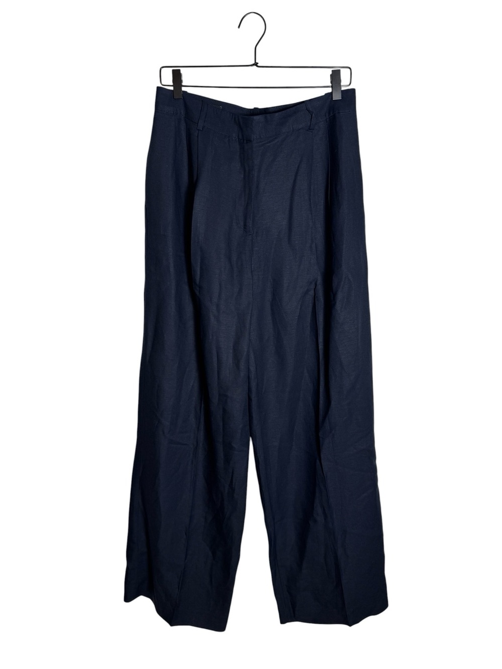 Zara Navy Blue Viscose Linen Blend Pleated Wide Leg Trousers High Waist